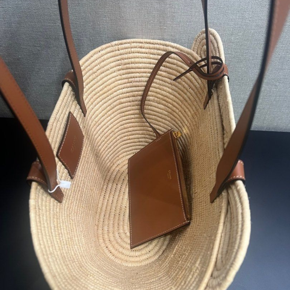 CELINE CLASSIC SMALL BASKET WITH WOVEN TRIOMPHE IN RAFFIA AND CALFSKIN
