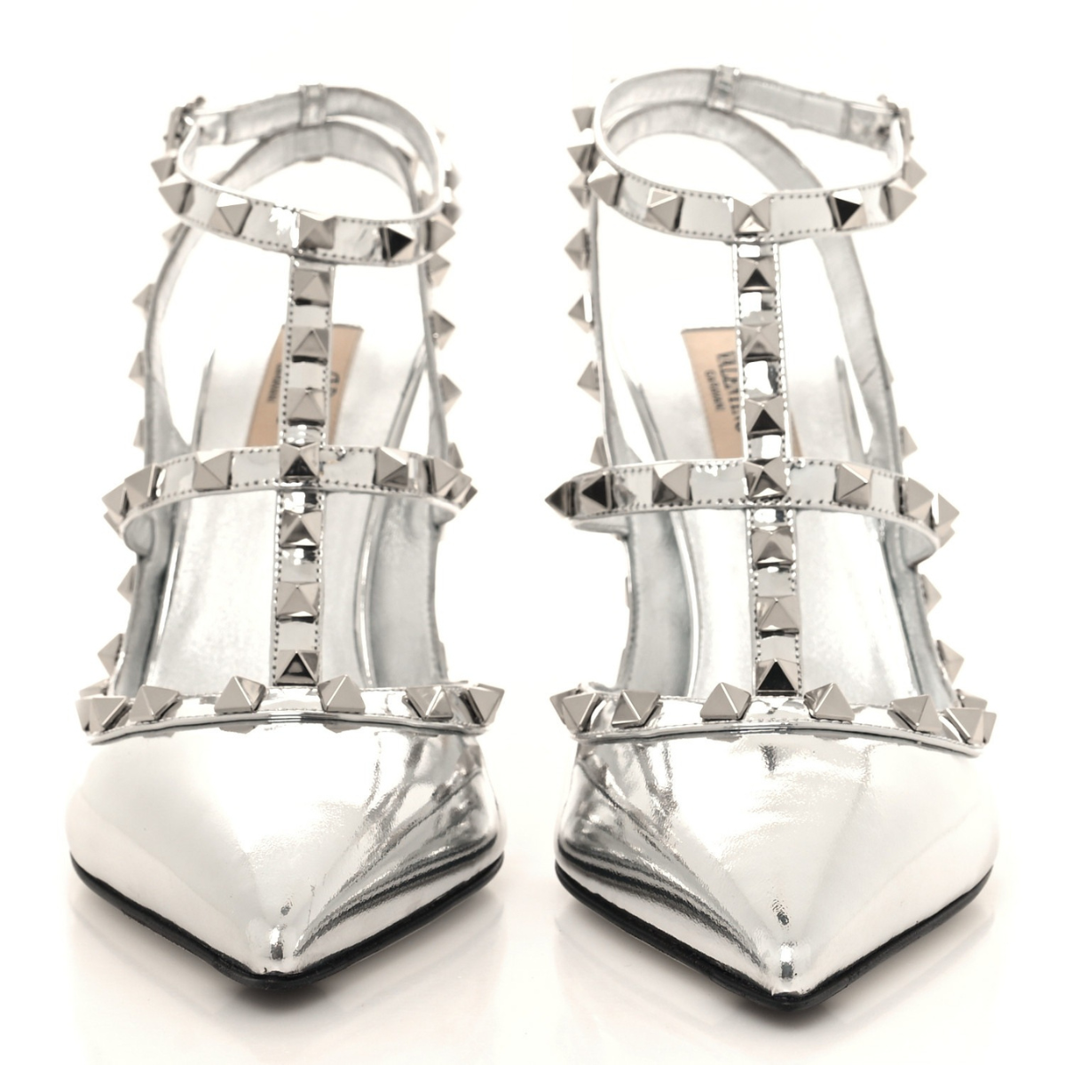VALENTINO GARAVANI ROCKSTUD ANKLE STRAP PUMPS 100MM SILVER METALLIC PATENT